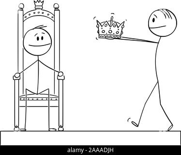 Vector cartoon stick figure dessin illustration conceptuelle de l'homme donnant à couronne de roi ou royaume durant la cérémonie de couronnement couronnement ou à l'homme assis sur le trône . Illustration de Vecteur