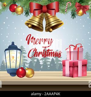 Joyeux Noël carte avec lanterne au kérosène et cadeaux Illustration de Vecteur
