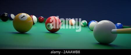 Bannière de billard avec boules sur le terrain de jeu. Banque D'Images