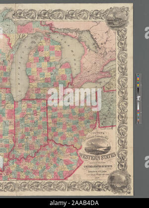 Illustré par hachures de secours. Premier méridiens : Washington et de Greenwich. Les bordures décoratives : illustrations de vignette de bisons, cerfs, et vues de Cincinnati, Saint Louis, et Louisville. Cartographie de la Nation (NEH, 2015-2018) ; le chemin de fer de Colton & canton carte routière, états de l'ouest Banque D'Images