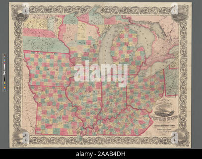 Illustré par hachures de secours. Premier méridiens : Washington et de Greenwich. Les bordures décoratives : illustrations de vignette de bisons, cerfs, et vues de Cincinnati, Saint Louis, et Louisville. Cartographie de la Nation (NEH, 2015-2018) ; le chemin de fer de Colton & canton carte routière, états de l'ouest Banque D'Images