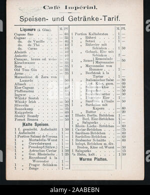 PAGE 15 livret, rempli avec des publicités ; TOUS EN ALLEMAND ; MENU DANS LE CENTRE avec une page séparée pour les vins et liqueurs ; ; MENU DU JOUR [détenus par] CAFE' IMPERIAL [at] FRANCFORT, ALLEMAGNE - Kaiserstrasse 13 (café) Banque D'Images