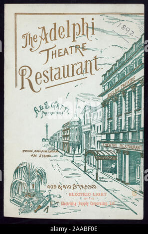 L'ILLUSTRE THÉÂTRE ROYAL DE L'INTÉRIEUR ADELPLHI ; DIMENSIONS DES BÂTIMENTS SUR LE BRIN AVEC DES NUMÉROS 436 ET 409-10 identifiés ; JOURNÉE DE SÉPARÉS DE MENU ARTICLES STANDARD ; MENU DU JOUR [lieu] par GATTI'S RESTAURANT ADELPHI [à] l'ADELPHI THEATRE RESTAURANT, (Londres, Angleterre) (AUTRE) Banque D'Images