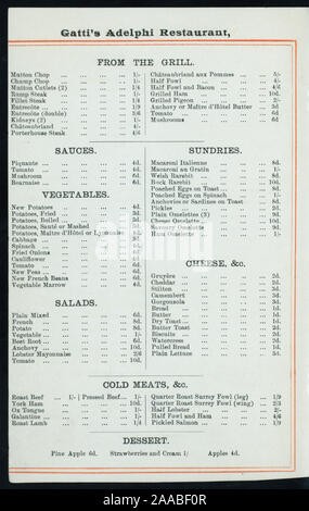 L'ILLUSTRE THÉÂTRE ROYAL DE L'INTÉRIEUR ADELPLHI ; DIMENSIONS DES BÂTIMENTS SUR LE BRIN AVEC DES NUMÉROS 436 ET 409-10 identifiés ; JOURNÉE DE SÉPARÉS DE MENU ARTICLES STANDARD ; MENU DU JOUR [lieu] par GATTI'S RESTAURANT ADELPHI [à] l'ADELPHI THEATRE RESTAURANT, (Londres, Angleterre) (AUTRE) Banque D'Images