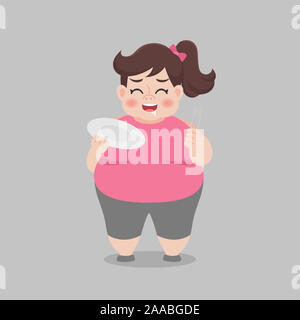 Big Fat Woman prêt à profiter de manger des aliments sains Santé concept cartoon character design vector plate. Banque D'Images