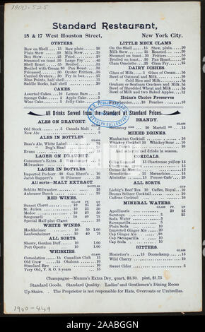 MENU À PRIX DES VINS À PRIX ; 1900-0449 ; MENU DU JOUR [détenus par] RESTAURANT STANDARD [at] 15 et 17 WEST HOUSTON STREET (reste) ; Banque D'Images