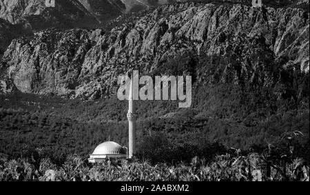 Mosquée dans un champ de blé sur un fond de montagnes. La Turquie, Kirish. Monochrome Banque D'Images