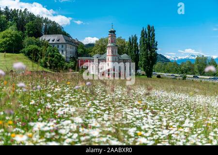 Pré des fleurs en face du monastère Saint-Charles, Karl's Church, église Saint Karl Borromaus, Rokoko, Volders, Tyrol, Autriche Banque D'Images