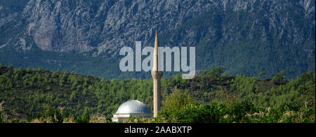 Mosquée dans un champ de blé sur un fond de montagnes. La Turquie, Kirish. Banque D'Images