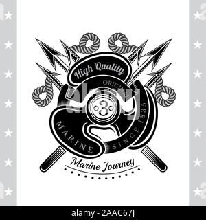 Hélice de bateau avec croix de Trident. Sea Vintage Black Label Isolated On White Illustration de Vecteur