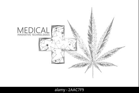 Low poly de marijuana médicale 3D feuille. Légaliser le traitement de la douleur médecine concept. Mauvaises herbes Cannabis symbole croix médecine. État juridique prescription traditionnelle Illustration de Vecteur