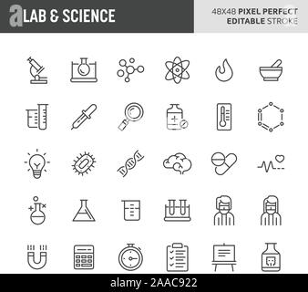 30 fine ligne icônes associées aux travaux pratiques et la science. Les symboles tels que l'équipement de laboratoire, de recherche et d'expérimentation sont inclus dans cet ensemble. Pix 48x48 Illustration de Vecteur