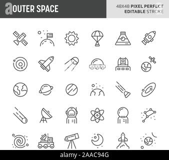 30 ligne mince des icônes associées à l'espace extra-atmosphérique. Les symboles tels que les planètes, galaxie, système solaire et de l'espace transport sont inclus dans cet ensemble. 48x48 p Illustration de Vecteur