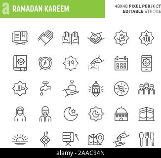 30 ligne mince des icônes associées à Ramadan avec des symboles comme la zakat, infaq (charité) et autres objets connexes et ramadan islamique sont inclus dans t Illustration de Vecteur