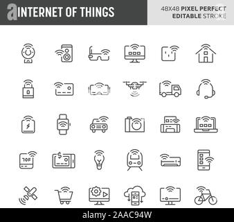 30 ligne mince des icônes associées à internet des objets (IoT). Des symboles comme le réseau, périphériques, appareils ménagers et les véhicules sont inclus dans cet ensemble. Illustration de Vecteur