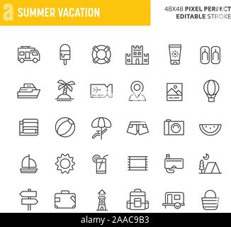 30 fine ligne icônes associées aux vacances d'été. Les symboles tels que plage éléments connexes sont inclus dans cet ensemble. 48x48 pixel avec l'icône vecteur parfait Illustration de Vecteur