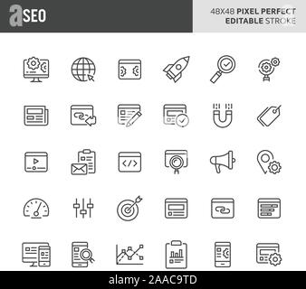 30 ligne mince des icônes associées à l'optimisation de Search Engine (SEO). Des symboles comme le tableau de bord, de statistiques, d'analyse et stratégie sont inclus dans le jeu. 48 Illustration de Vecteur