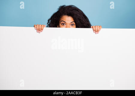 Photo de ondulées bouclés brun mignon positive joyeuse vous présentant l'information sur bannière blanche se cacher derrière la couleur bleu pastel isolés holding Banque D'Images