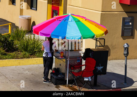 Décrochage du vendeur de trottoir avec femme vendant smoothies aux fruits sous un parapluie. Los Angeles, Californie, États-Unis d'Amérique. Banque D'Images