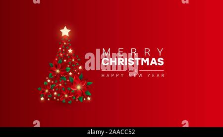 Creative de fond minimal avec l'arbre de Noël de red poinsettia fleurs, des étoiles et des lumières d'un décor sur fond rouge bourgogne avec copie espace. Illustration de Vecteur