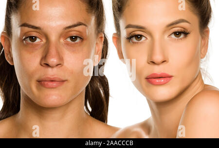 Portrait de jeune femme de comparaison avant et après maquillage sur fond blanc Banque D'Images