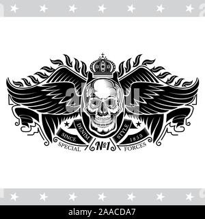 Vue avant du crâne avec une mâchoire inférieure entre deux paires d'ailes et des rubans. Vintage label isolated on white Illustration de Vecteur