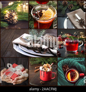 Collage de Noël avec des cadeaux de Noël, de table, boissons, vin chaud, confortable de la guimauve sur noir. Carte de vœux. Collection de Noël traditionnel jeu de foo Banque D'Images