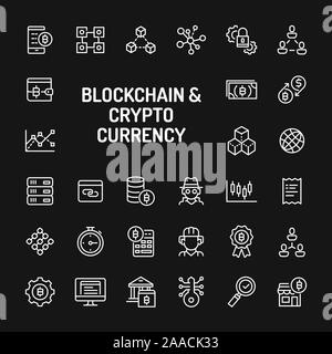 Icônes de ligne blanche sur fond noir isolés liés à des actifs numériques, blockchain, cryptocurrency, cryptage, sécurité et de transaction. Vec Illustration de Vecteur