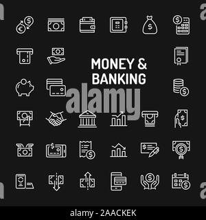 Icônes de ligne blanche sur fond noir isolé en matière financière, monétaire et bancaire. Signes et symboles vectoriels collections pour site web et d Illustration de Vecteur