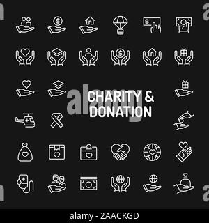 Icônes de ligne blanche sur fond noir isolé lié à la charité et don. Signes et symboles vectoriels pour les collections et la conception de site web temp Illustration de Vecteur