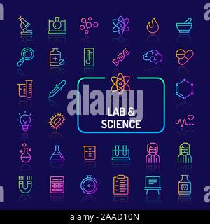 Couleur du dégradé simple isolé sur fond sombre icônes liées à la recherche scientifique, les expériences en laboratoire et d'équipements. Signes et symboles vectoriels Illustration de Vecteur