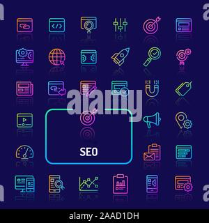 Couleur du dégradé simple isolé sur fond sombre icônes liées à l'optimisation de Search Engine (SEO). Signes et symboles vectoriels pour collections websit Illustration de Vecteur