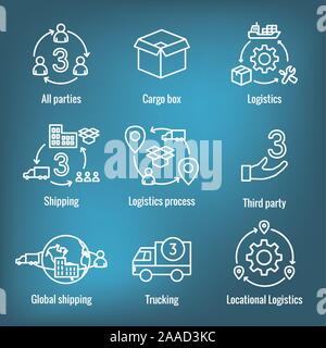 L'icône de la logistique set w bâtiments, de camionnage, d'expédition et les gens fort Illustration de Vecteur