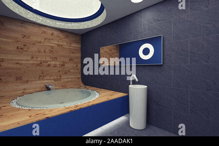 Salle de bains bleu avec du bois Banque D'Images