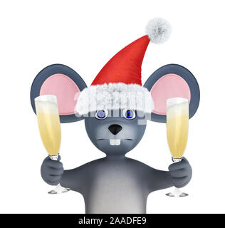 Année du Rat. Bonne année 2020. Bannière, flyer, carte postale. Avec la souris champagne isolé sur blanc. 3D render Banque D'Images