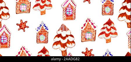 Transparente avec motif de noël gingerbread cookies maisons et arbres, l'aquarelle. Banque D'Images