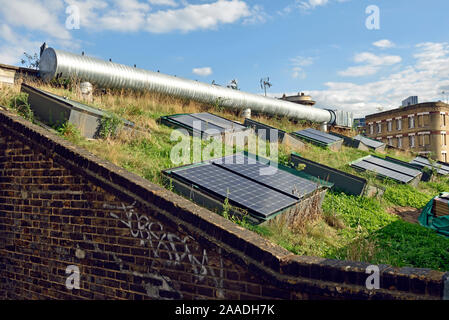 Des panneaux solaires fixés sur le toit vert, Shoreditch, London, Angleterre, Royaume-Uni, septembre 2015. Banque D'Images