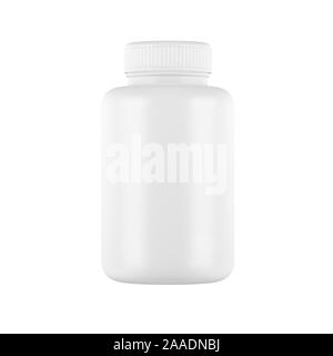 Comprimé blanc en plastique bouteille packer isolé sur fond blanc. Gélules, médicaments, supplément, herbes, gélules. Banque D'Images