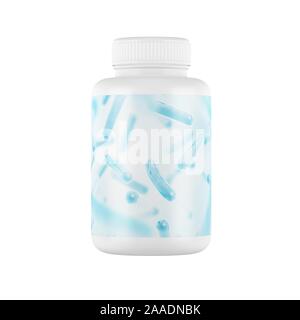 Comprimé blanc en plastique bouteille packer isolé sur fond blanc. Gélules, médicaments, supplément, herbes, gélules. Banque D'Images