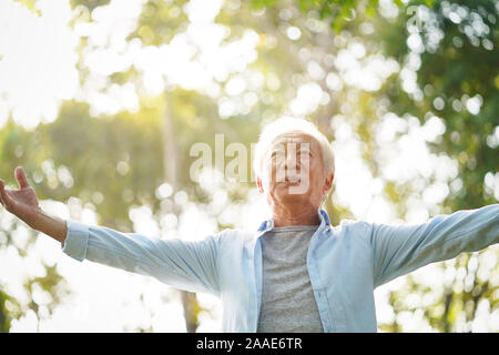 Senior asian man appréciant l'air frais la marche à bras ouverts à l'extérieur dans le parc Banque D'Images