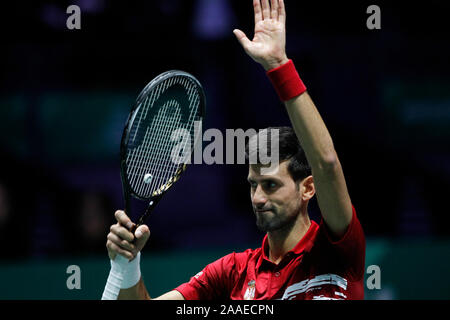 Madrid, Espagne. 21 Nov 2019. Benoit Paire de l'équipe nationale de France vs Novak Djokovic (photo) de la Serbie dans l'équipe nationale la Coupe Davis de tennis qui s'est tenue à la boîte magique à Madrid.Djokovic vainqueur Photo : Juan Carlos Rojas/Photo Alliance | utilisée dans le monde entier : dpa Crédit photo alliance/Alamy Live News Banque D'Images