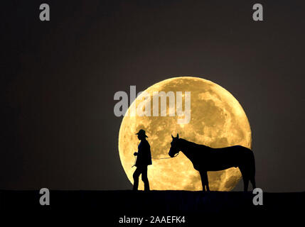 Un cowboy mène son cheval à un point d'eau sous une pleine lune après une journée de marquage du bétail sur un ranch dans les plaines du sud du Colorado Banque D'Images