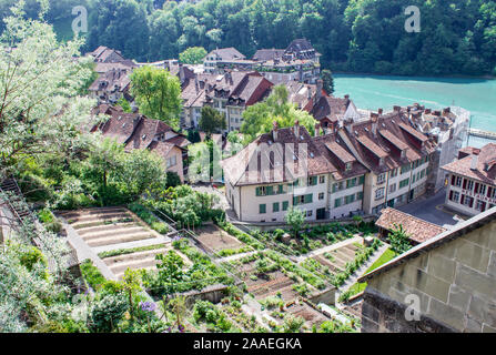 Maisons à Berne. Les parcelles des ménages en berne. Jardins en berne sur l'Aar Banque D'Images