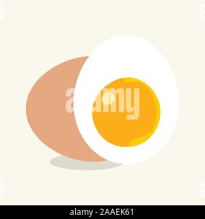 L'oeuf dans la coquille et la moitié d'un oeuf à l'oeuf. Gg bouilli isolé sur fond. Illustration de Vecteur