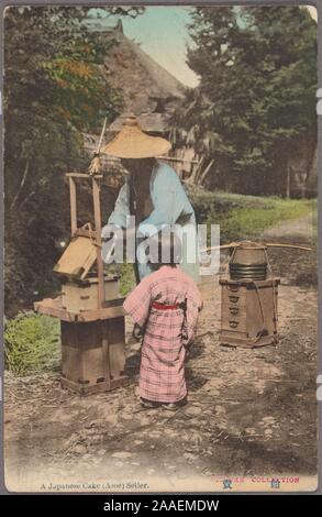 Carte postale illustrée d'un vendeur de gâteaux japonais, debout près de son échoppe avec un petit enfant à la recherche sur, dans une zone rurale, Japon, 1912. À partir de la Bibliothèque publique de New York. () Banque D'Images