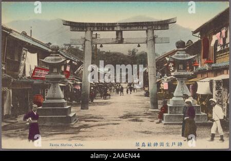 Carte postale illustrée de deux lanternes en pierre et un torii à Ikuta culte à Kobe, Hyogo Prefecture, Japan, 1912. À partir de la Bibliothèque publique de New York. () Banque D'Images