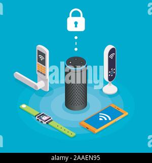 Internet des objets de sécurité composition isométriques sur fond bleu turquoise avec le président adjoint de la serrure de porte sans fil, smartphone, regardez et tracker vec Illustration de Vecteur