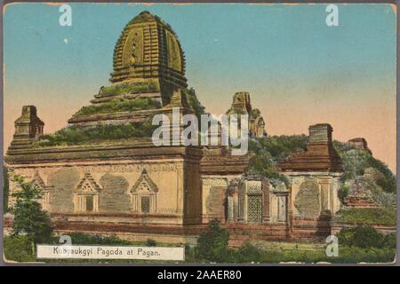 Carte postale illustrée du temple Gubyaukgyi, ou Kubyauk-gyi temple, un temple bouddhiste situé dans le village de Myinkaba, au sud de Bagan, Myanmar (Birmanie), publié par D. A, 1910. Ahuja. À partir de la Bibliothèque publique de New York. () Banque D'Images