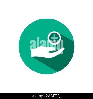 Icône de la main et de pharmacie Croix avec ombre sur un cercle vert. Vector illustration couleur télévision pharmacie Illustration de Vecteur
