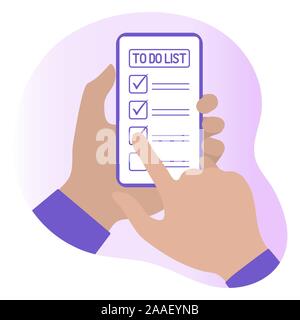 Vector illustration avec des mains courantes et des notes de smartphone les tâches terminées dans la liste de ce qu'il faut faire dans l'application sur le téléphone. Vérifier dans la liste des tâches à effectuer. Bu Illustration de Vecteur